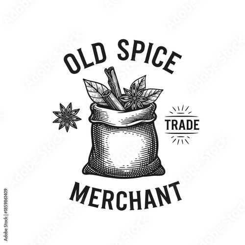 Old Spice Merchant Bag with Spices and Star Anise Illustration.