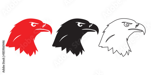 Eagle Head Variations: A striking display of eagle head profiles, presented in a trio of vibrant red, sleek black, and clean line art, symbolizing strength, vision, and freedom.