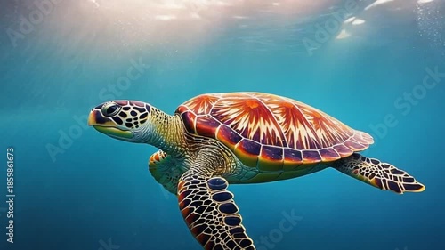 Wallpaper Mural A majestic green sea turtle gracefully swims through the bright blue ocean, with light shimmering on the surface. Torontodigital.ca