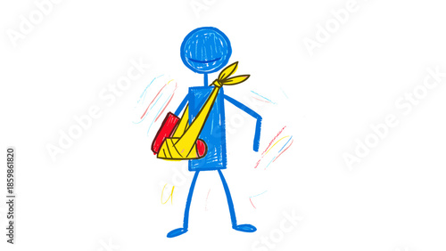 Whimsical blue stick figure illustration depicting a person experiencing a broken arm in a yellow sling, symbolizing concepts of injury, recovery, and healthcare challenges