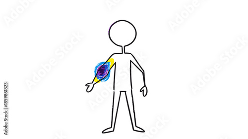 Simple drawing of a stick figure with a highlighted, aching elbow, illustrating medical discomfort, muscular strain, or joint injury awareness