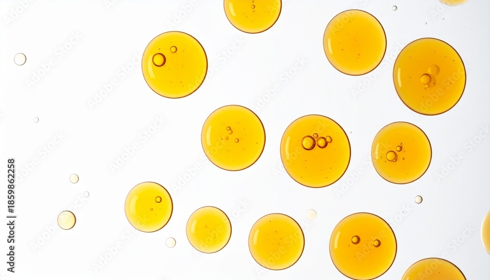 Fototapeta premium Abstract golden liquid drops on white background creating a minimalist artistic pattern