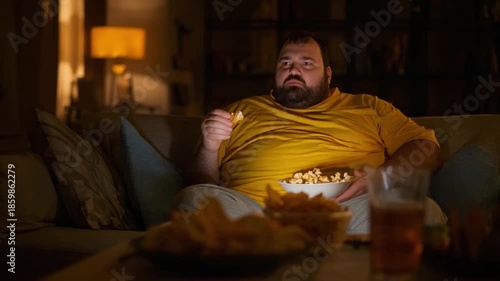 The weight of Indulgence: a person engrossed in a late-night feast, illuminated by the warm glow of the television