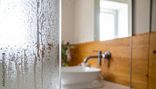 Close-up view of a wet and steamy glass shower door with visible condensation in a modern bathroom interior
