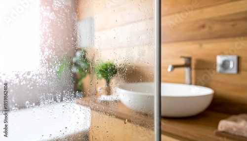 Tranquil Bathroom Interior Seen Through Wet and Steamy Glass Partition