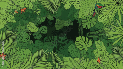 Vibrant jungle canopy illustration with a hidden parrot amidst lush green foliage and small blooms