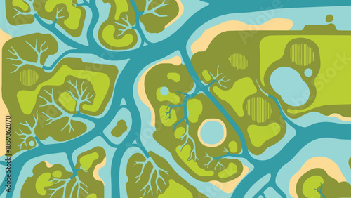 Stylized abstract aerial view illustrates winding blue rivers through varied green landforms, ponds, textures. A harmonious environmental map.