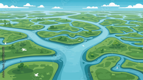 An expansive aerial illustration of a vibrant wetland ecosystem featuring numerous verdant islands intricately carved by meandering azure river