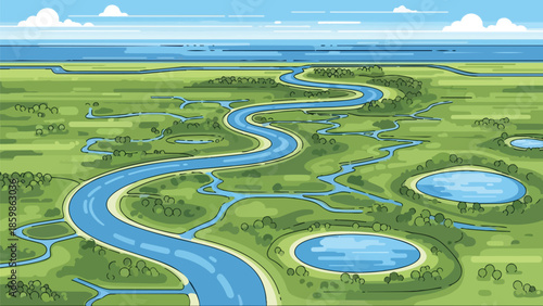 Aerial illustration of vibrant marshland. A wide, winding river flows through green plains, forming channels and ponds reaching a distant sea under