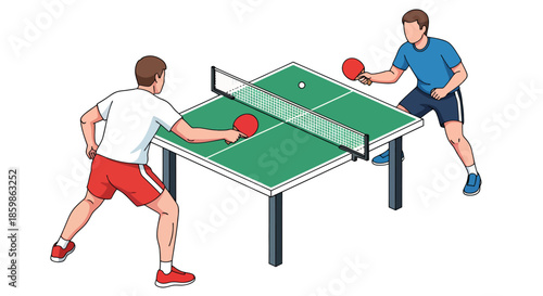 Two men playing an intense game of table tennis on a green ping pong table indoors.