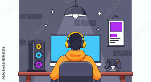 Person wearing headphones sitting at desk playing video games on computer in modern room.