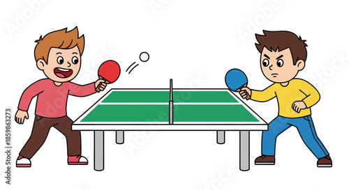 Two children playing an exciting game of table tennis on a green ping pong table indoors.
