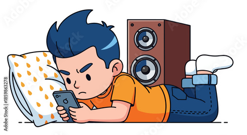 Cartoon boy lying on floor using smartphone with speaker behind him.
