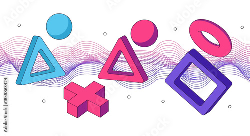 Abstract geometric shapes with colorful waves and three dimensional forms on white background.
