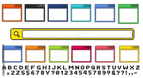 Colorful browser windows, search bar, and alphabet letters for web design concepts.