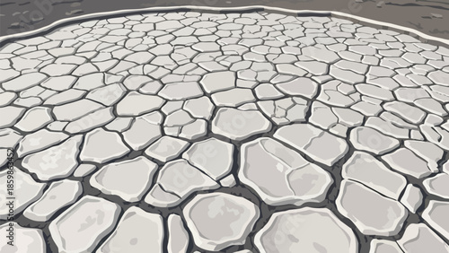 This abstract depiction showcases a vast expanse of parched earth exhibiting deep, intricate fissures and polygonal fragments, signifying extreme