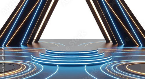 Futuristic stage with glowing blue and orange neon lights and geometric shapes.