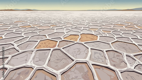 Expansive arid landscape revealing a spectacular natural mosaic of geometric cracked earth stretching to distant mountains under a tranquil sky