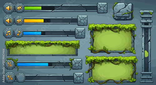 Cartoon stone and moss user interface elements for fantasy adventure games.