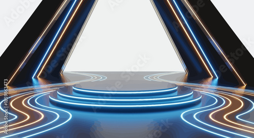 Futuristic illuminated stage with glowing blue and orange neon lights and geometric shapes.