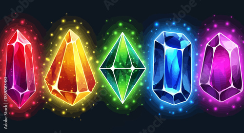 Colorful glowing gemstones with sparkling effects on a dark background illustration.