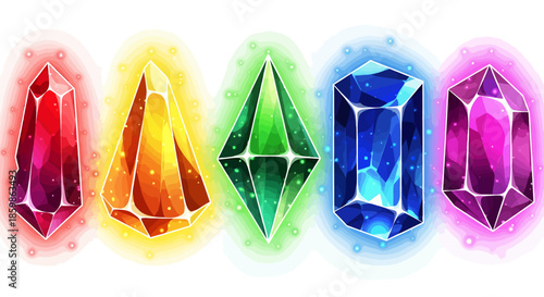 Colorful set of five sparkling gemstones in various shapes and vibrant hues on a white background.