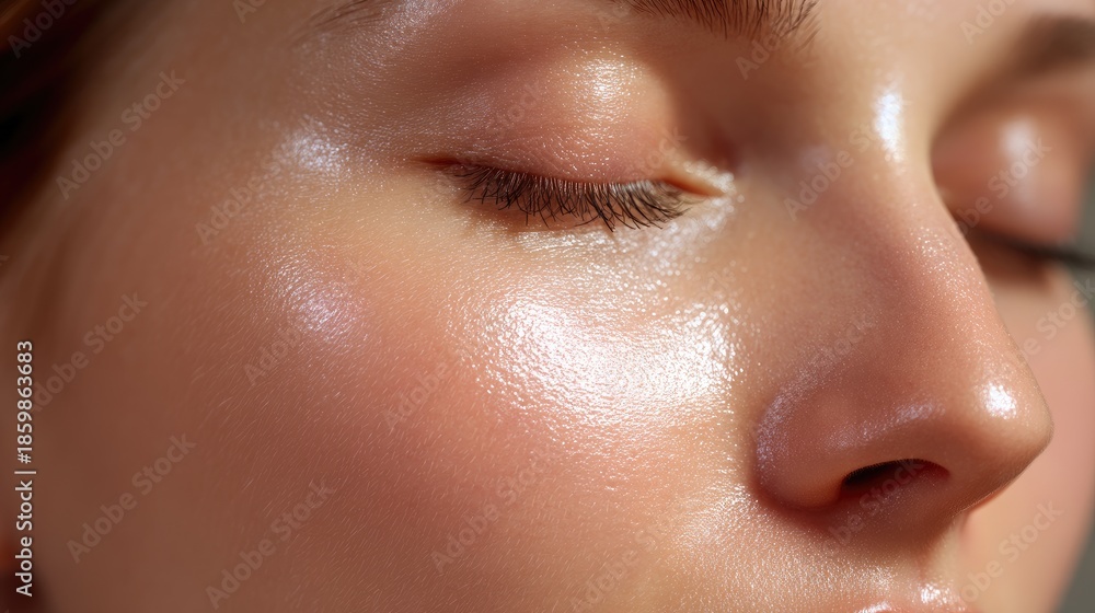 Fototapeta premium Close-Up of Serene Female Face with Glowing Skin and Relaxed Expression Captured in Natural Light
