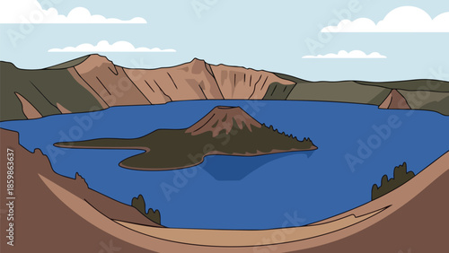 Cartoon landscape illustration of a serene blue crater lake with a prominent island cone, surrounded by rugged mountains and a soft, cloudy sky.
