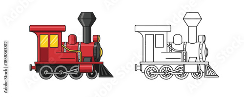 Red vintage steam locomotive and its black and white outline version on white background used for children coloring book or educational transport illustrations in cartoon style