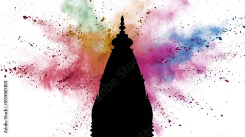 Vibrant color powder bursts behind a traditional temple silhouette, celebrating Holi, the joyous Hindu Spring Festival of Colors animation.