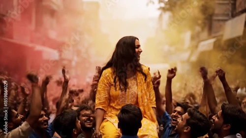 Joyful Indian Woman Celebrated by a Cheering Crowd During Holi, the Vibrant Hindu Spring Festival of Colors and Love.