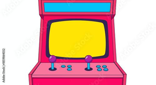 Colorful retro arcade machine with blank yellow screen and control sticks illustration.