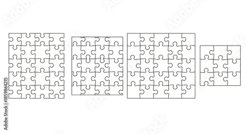 Outline illustration of four different blank jigsaw puzzle templates arranged in a row.