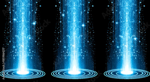 Three glowing blue beams of light with sparkling particles and circular ripples on a black background.