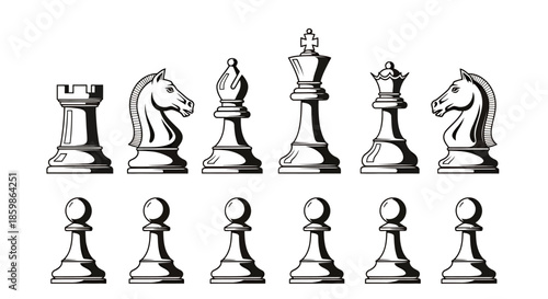 Detailed illustration of classic chess pieces arranged in two rows on a white background.
