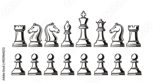 Illustration of a complete set of chess pieces arranged in two rows on a white background.