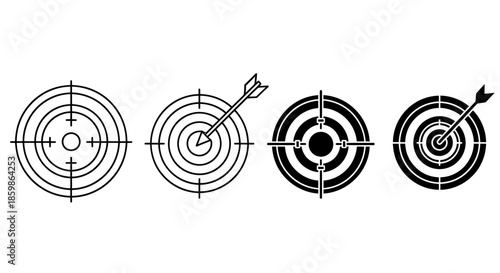 Set of four black and white target icons with arrows hitting the center.