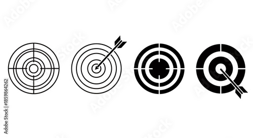 Set of four black and white target and dartboard icons with arrows and crosshairs.