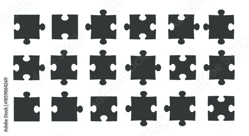 Set of isolated black jigsaw puzzle pieces arranged in three rows on a white background.