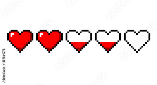Pixel art style five heart icons with varying fill levels representing rating or health.
