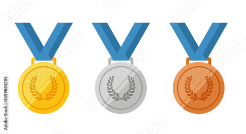 Gold, silver, and bronze medals with blue ribbons displayed side by side on a white background.