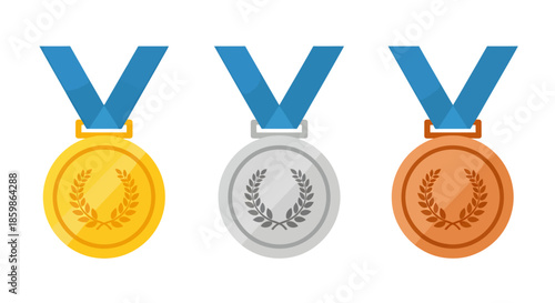 Gold, silver, and bronze medals with blue ribbons representing first, second, and third place awards.