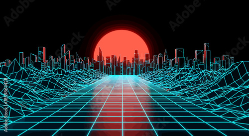 Futuristic city skyline with digital grid landscape and glowing red sun in retro style.