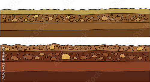 Illustration showing different layers of soil and earth cross section with rocks and sediment.