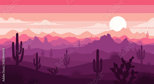 Colorful desert landscape illustration with cacti and mountains at sunset.