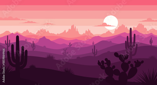 Colorful desert landscape illustration with cacti and mountains at sunset with a dramatic sky.