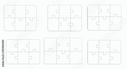 Six blank rectangular puzzle templates with different piece arrangements on a white background.
