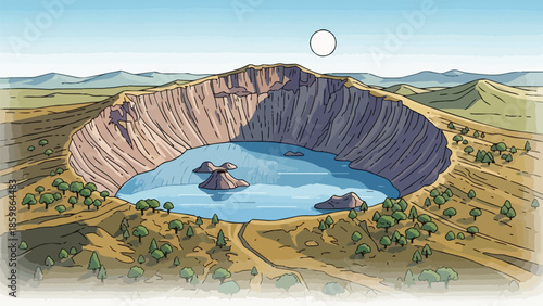 Vivid illustration of a stunning crater lake nestled within a vast, serene mountainous landscape under a bright sky