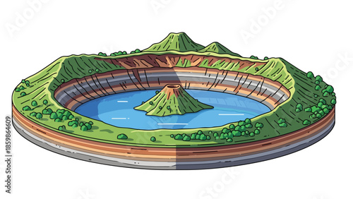 A captivating geological cross section illustration depicting a vast caldera lake with a distinct central volcanic island exhibiting earth's