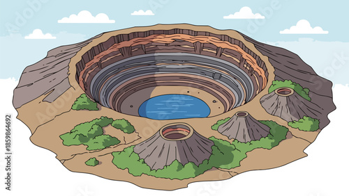 An intricate cartoon illustration depicting a vast geological caldera with a tranquil lake at its core surrounded by diverse layered rock formations